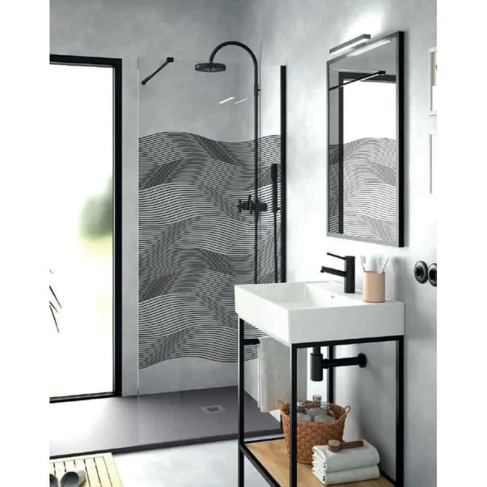 Panel Fijo Con Perfileria Negra Y Vidrio De 8 Mm Decorado Moire – Serie Heaven Black – Salgar